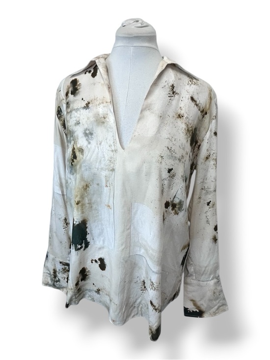 Zara Tops - Zara Women’s Long Sleeve Plunge-Neck Pullover Blouse Artsy Cream/Olive/Brown M